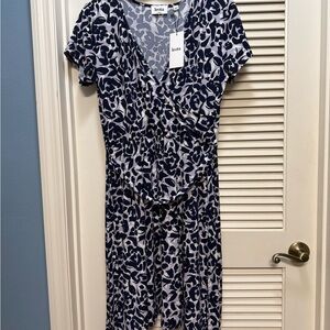 Leota Navy and White Patterned Midi Dress